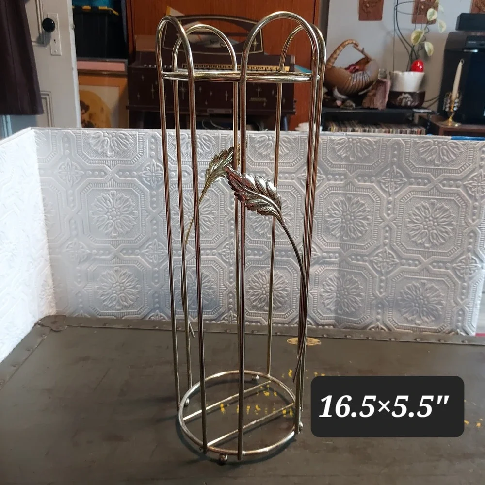 Vintage Brass Tone Metal Toilet Paper Bathroom Stand Leaf Hollywood Regency